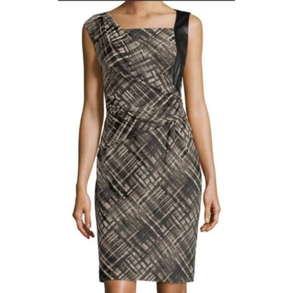 Lafayette 148 New York Vania Sleeveless printed Leather Trim Sheath Dress Size 4